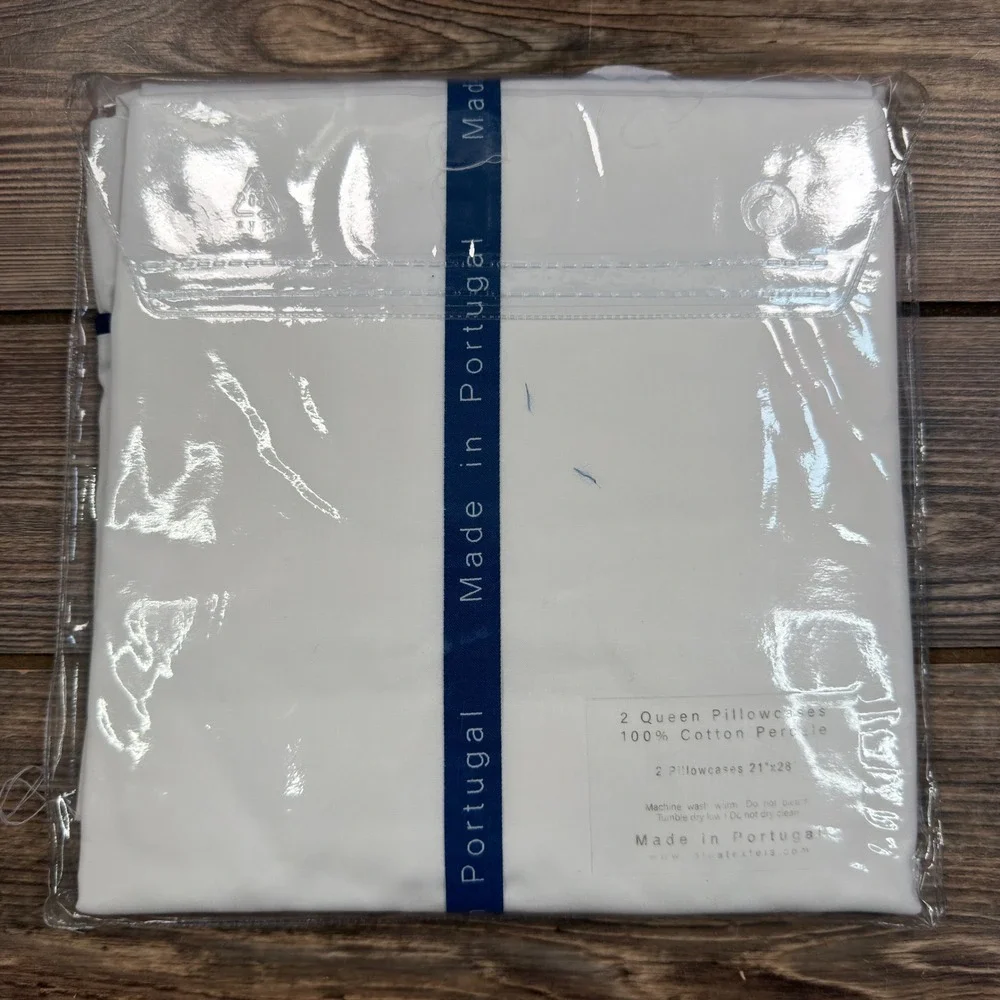 Alda Texteis Queen 2pc Pillowcase Set White Navy Ruffle Cotton Portugal NEW